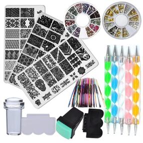 img 4 attached to 🌸 Floral Geometric Nail Stamp Plate Kit with Stamper, Scraper, Rhinestones, Mandala Dotting Pen, NAI Striping Tape, Manicure DIY Decorations