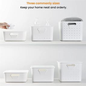 img 3 attached to 📦 Set of 3 White Plastic Storage Bins with Lids - Stackable Organizer Containers for Shelves, Pantry, Office, School - Small Medium Large Sizes - Includes Writable Labels for Easy Organization