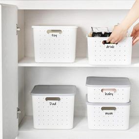 img 1 attached to 📦 Set of 3 White Plastic Storage Bins with Lids - Stackable Organizer Containers for Shelves, Pantry, Office, School - Small Medium Large Sizes - Includes Writable Labels for Easy Organization