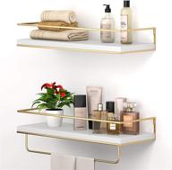 📚 shario white floating shelves with golden towel rack - set of 2, stylish wall mounted hanging shelves for bathroom, kitchen, living room & bedroom (white) logo