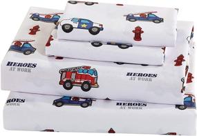 img 1 attached to 🚓 Fancy Linen Boys Heroes Comforter Set - Police Car Fire Truck Ambulance Theme in Blue, Red, Green, Grey, and White - Full Size