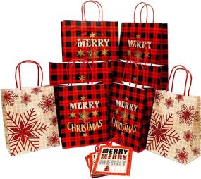 img 4 attached to 🎁 Wrap N Roll Christmas Gift Bags: Assorted Sizes with Kraft Paper, Handles, Glitter & Red Checkered Design - Set of 12 Bags