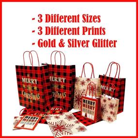 img 1 attached to 🎁 Wrap N Roll Christmas Gift Bags: Assorted Sizes with Kraft Paper, Handles, Glitter & Red Checkered Design - Set of 12 Bags