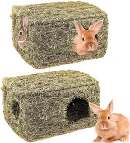 img 4 attached to 2-Pack Handwoven Seagrass Mat Bed for Rabbits - Natural Grass House with Foldable Hut Toy for Bunny, Guinea Pig, Chinchilla, and Small Animals