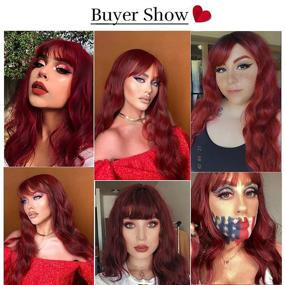 img 2 attached to 🌹 YUSHU Red Wig: Vibrant Long Wavy Wig with Bangs - Heat Resistant, Synthetic Wine Red Wig for Women - Perfect for Cosplay
