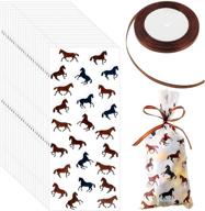 horse racing treat bags - 100 pack animal party goodie bags with brown ribbon. ideal for chocolate, candy, snacks, cookies. great cowboy cowgirl horse themed party supplies. logo