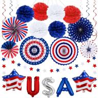 🎉 celebrate with the ultimate 4th of july patriotic decorations set - red & white & blue usa star foil balloons, paper fans, star streamer, pom poms, hanging swirls party decor supplies logo