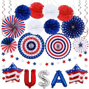 img 3 attached to 🎉 Celebrate with the Ultimate 4th of July Patriotic Decorations Set - Red & White & Blue USA Star Foil Balloons, Paper Fans, Star Streamer, Pom Poms, Hanging Swirls Party Decor Supplies