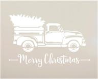 🚚 studior12 little red truck with merry christmas stencil: wood sign painting, vintage script lettering, retro holiday decor, rustic old fashioned holiday theme - choose size (13x10) logo