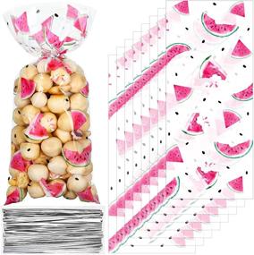 img 4 attached to 🍉 Watermelon Treat Bags - 100 Pieces of Cellophane Watermelon Party Bags with Silver Twist Ties for Beach-themed Celebrations!