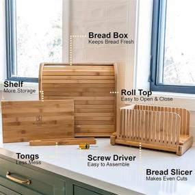 img 3 attached to 🍞 Bamboo Bread Box & Bread Slicer Set for Kitchen Countertop. Roll Top Design, Bread Tongs Included, 2-Tier Bread Box, Double Breadbox Storage, Extra Large Bread Container, Countertop Bread Bin Boxes