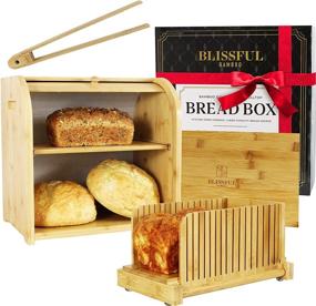 img 4 attached to 🍞 Bamboo Bread Box & Bread Slicer Set for Kitchen Countertop. Roll Top Design, Bread Tongs Included, 2-Tier Bread Box, Double Breadbox Storage, Extra Large Bread Container, Countertop Bread Bin Boxes