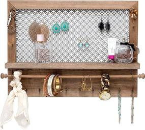 img 4 attached to Rustic Wood Wall Mounted Jewelry Organizer with Shelf, Bracelet Holder Rod, 16 Antique Brass Hooks - Ideal Earring and Necklace Hanging Rack - 17 x 12.75 Inch