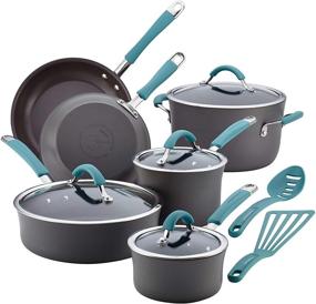 img 4 attached to 🍳 Rachael Ray Cucina Hard Anodized Nonstick Cookware 12 Piece Set - Gray with Blue Handles: A Complete Kitchen Essential