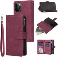 📱 ranyok iphone 12/12 pro wallet case (6.1 inch), premium pu leather zipper flip folio with wrist strap, magnetic closure & kickstand - wine red logo