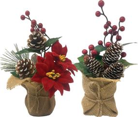 img 3 attached to 🎄 Pair of Potted Christmas Floral Table Top Arrangements - 10&#34; H with Pinecones, Berries, Greenery, and Burlap Covered Bases