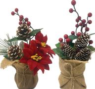 🎄 pair of potted christmas floral table top arrangements - 10&#34; h with pinecones, berries, greenery, and burlap covered bases логотип