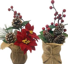 img 4 attached to 🎄 Pair of Potted Christmas Floral Table Top Arrangements - 10&#34; H with Pinecones, Berries, Greenery, and Burlap Covered Bases