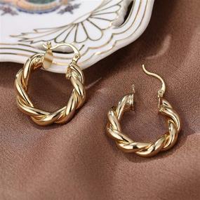 img 1 attached to 💃 Stylish 14K Gold Plated Hoop Earrings for Women - Twisted Gold Chunky Hoops, Lightweight & High Polished Jewelry Ideal for Girls