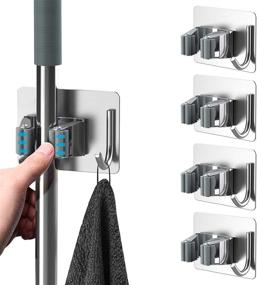 img 4 attached to 🧹 HOMEASY Mop Broom Holder: Wall-Mounted Heavy Duty Organizer with Self-Adhesive Hooks - Ideal Storage Rack for Bathroom, Kitchen, Office - Silver