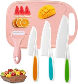 img 4 attached to 🔪 Children's Nylon Knife Set with Cutting Board, Peeler - Safe Baking, Cutting, and Cooking Tools for Kids - Beginners Cut Fruits, Salad, Veggies, Cake - Fun Serrated Edges - Firm Grip - 5Pack (Pink)