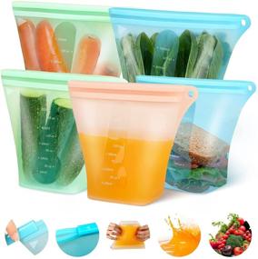 img 4 attached to 👜 Set of 5 Reusable Silicone Food Storage Bags - Stand Up Zip Containers, Leakproof & Non-Toxic, BPA Free - Dishwasher & Freezer Safe, Easy to Clean Sandwich Bags