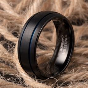 img 2 attached to 💍 Stylish 8mm Dark Blue Plated Tungsten Wedding Band by TUSEN JEWELRY - Double Grooved with Black Brushed Finish