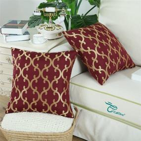 img 1 attached to CaliTime Set of 2 Decorative Throw Pillow Covers for Couch 🛋️ Sofa, Modern Quatrefoil Geometric Trellis Chain Pattern, 18 X 18 Inches, Burgundy/Gold