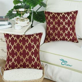 img 3 attached to CaliTime Set of 2 Decorative Throw Pillow Covers for Couch 🛋️ Sofa, Modern Quatrefoil Geometric Trellis Chain Pattern, 18 X 18 Inches, Burgundy/Gold