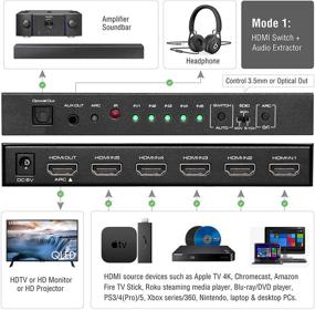 img 1 attached to 🔁 ROOFULL 5 Порт 4K HDMI Переключатель с Оптическим и 3,5 мм АУДИО выходом, 5 в 1 выход HDMI 2.0 4K при 60 Гц HDMI 2.0a Аудио Извлекатель Сплиттер с Пультом Дистанционного Управления, Поддерживает ARC, HDR, HDCP 2.2, 18Gbps, Dolby Vision