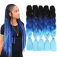 💙 ярко-омбре синие резинки для волос jumbo braids extensions - предварительно растянутые, 5 штук х 100 г, 24 дюйма - черно-сине-светло-синие. логотип