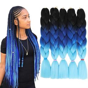 img 4 attached to 💙 Ярко-омбре синие резинки для волос Jumbo Braids Extensions - Предварительно растянутые, 5 штук х 100 г, 24 дюйма - Черно-сине-светло-синие.