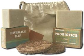 img 3 attached to 🧼 2 Green Roots Probiotic Dish Washing Handmade Soap Bars - Vegan, Fragrance Free, 100% Natural, Zero Waste, Pack of 2 Dish Bars 4.25 oz each, 2 Natural Scrubs, 1 Canvas Bag