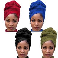 🔥 ultra soft 4-pack stretch jersey turban head wraps for women - breathable african head scarf - versatile solid color hair accessories (black, red, army green, blue) logo