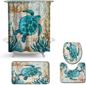 img 1 attached to Nautical Sea Turtle Shower Curtain Set with Non-Slip Rugs, Toilet Lid Cover, and Bath Mat - Beach Ocean Decor Coastal Shower Curtains | 12 Hooks, Fabric Bath Curtain Included