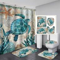 nautical sea turtle shower curtain set with non-slip rugs, toilet lid cover, and bath mat - beach ocean decor coastal shower curtains | 12 hooks, fabric bath curtain included logo