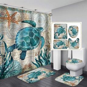 img 4 attached to Nautical Sea Turtle Shower Curtain Set with Non-Slip Rugs, Toilet Lid Cover, and Bath Mat - Beach Ocean Decor Coastal Shower Curtains | 12 Hooks, Fabric Bath Curtain Included