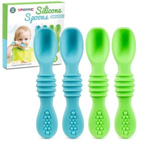 img 4 attached to 🥄 Silicone Baby Spoons for Baby Led Weaning 4-Pack - Gum Friendly, BPA & Lead-Free - First Stage Feeding Spoon Set - Plastic-Free - Ideal Gift Set (Blue)