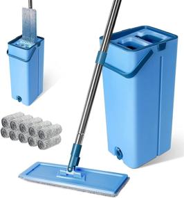 img 4 attached to Effective Flat Mop and Bucket Set with 10 Reusable Microfiber Pads- 🧹 Stainless Steel Handle, Self-Wring System- Ideal for Hardwood, Laminate, Tiles, Vinyl Floors (Blue)