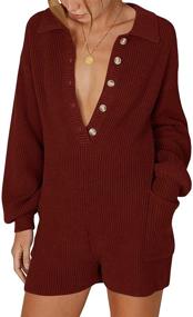 img 4 attached to 👗 Fall Winter Women's Romper: V Neck Button Down Long Sleeve Knitted Sweater Jumpsuit with Pockets
