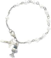 💎 stunning girls imitation pearl rosary bracelet with chalice &amp; cross charm - 6mm bead beauty! logo