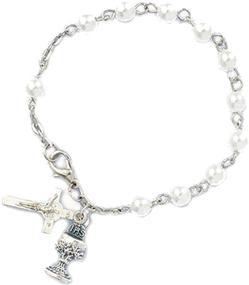 img 1 attached to 💎 Stunning Girls Imitation Pearl Rosary Bracelet with Chalice &amp; Cross Charm - 6mm Bead Beauty!