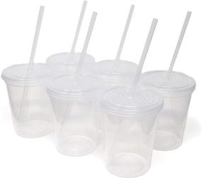 img 4 attached to 🥤 Pack of 6 USA Made 16oz Reusable Plastic Stadium Teal Cups with Lids - Rolling Sands; Translucent Clear Plastic Tumblers and Lids with 6 Reusable Straws; Dishwasher Safe on Top Shelf