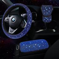 👑 tzarrot blue bling car accessories set for women: steering wheel cover, universal fit 15 inch with rhinestone center console cover, bling gear shift cover, crystal car decor set 3pc logo