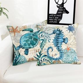 img 2 attached to 🌊 KAKABUQU 18x18 Ocean Theme Decorative Throw Pillow Cover Set of 2 - Coastal Beach Outdoor Pillows with Turtle and Seahorse Design, Linen Mediterranean Style Cushion Cases for Patio Couch Sofa Bed Decor