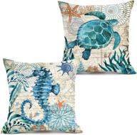 🌊 kakabuqu 18x18 ocean theme decorative throw pillow cover set of 2 - coastal beach outdoor pillows with turtle and seahorse design, linen mediterranean style cushion cases for patio couch sofa bed decor логотип