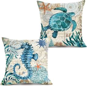 img 4 attached to 🌊 KAKABUQU 18x18 Ocean Theme Decorative Throw Pillow Cover Set of 2 - Coastal Beach Outdoor Pillows with Turtle and Seahorse Design, Linen Mediterranean Style Cushion Cases for Patio Couch Sofa Bed Decor