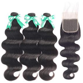 img 3 attached to 💆 Все связки волос Brazilian Body Wave Virgin Hair с замком из кружева - непереработанные связки из человеческих волос 9A с замком, свободная часть - натуральный черный (18 20 22+16)