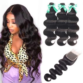 img 4 attached to 💆 Все связки волос Brazilian Body Wave Virgin Hair с замком из кружева - непереработанные связки из человеческих волос 9A с замком, свободная часть - натуральный черный (18 20 22+16)