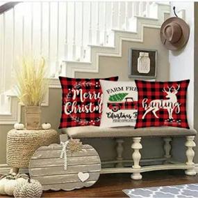 img 2 attached to 🎄 Ueerdand Christmas Pillow Covers Farmhouse Decorations Set of 4 Buffalo Plaid Cotton Linen Throw Cushion Covers 18 X 18 Inch